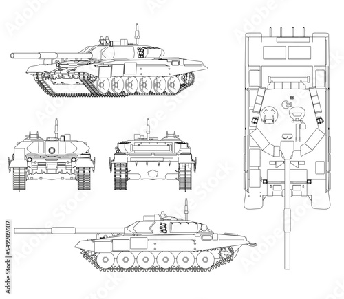 Set with contours of a battle tank from black lines isolated on a white background. Front, side, top, back view. 3D. Vector illustration.
