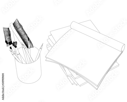 Contour of a glass with brushes and pencils and paper from black lines isolated on a white background. Isometric view. 3D. Vector illustration.