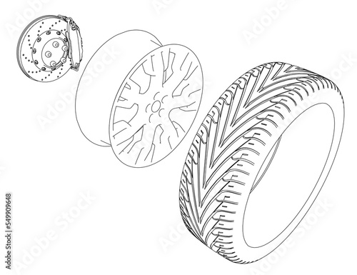 The contour of a car wheel disassembled into a tire, disc and brake disc from black lines isolated on a white background. Isometric view. 3D. vector illustration.