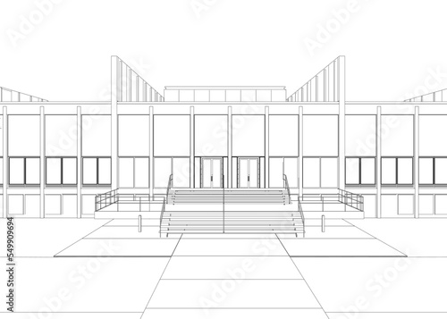 The outline of the entrance to a large building from black lines isolated on a white background. Front view. 3D. vector illustration.