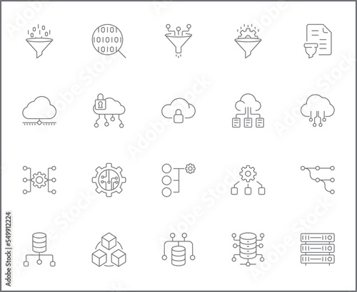 Simple Set of big data Related Vector Line Icons. Vector collection of database, network, processing, analytics, search, mining, filter, flow, cloud and design elements symbols or logo elements