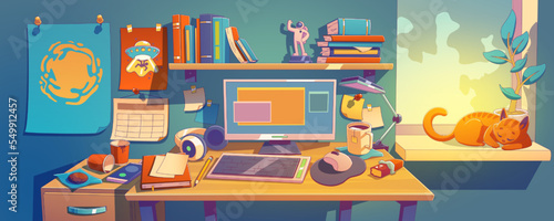 Messy teenagers work space at home. Contemporary vector illustration of students room interior, computer on desk with dirty cups and papers, books on shelf, pictures on wall, cat sleepig on windowsill