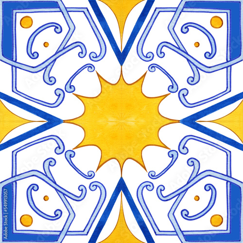 Majolica watercolor seamless pattern. Sicilian hand drawn ornament. Traditional blue and yellow ceramic tiles. Portuguese traditional azulejo pattern. Moroccan style..