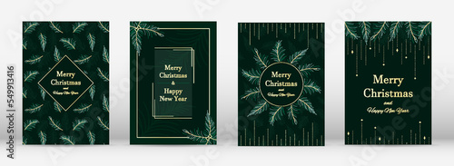 Christmas tree branch greeting holiday postcard luxury flat set. Card invitation holiday corporate modern gift gold green frame divider beads star shining xmas decoration wreath label abstract vector