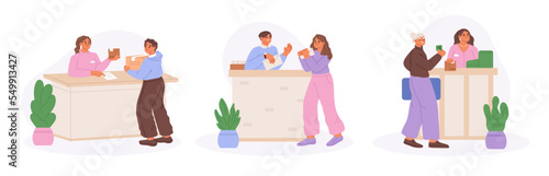 Post service, mailing and delivery set. People at postal office with post sending mail and parcels