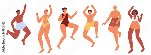 Happy young people in swimwear dancing on beach summer party at seaside. Group of youth on holiday