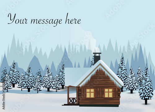 Winter holidays, Winter wooden cottage, cabin surrounded by trees and snow, cosy winter landscape, holiday season but not necessarily related to Christmas