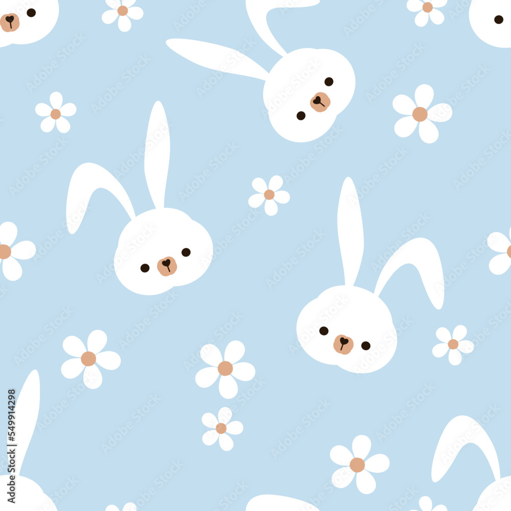 Seamless pattern with rabbit cartoons and daisy flower on blue background vector. Cute childish print. Seamless pattern with rabbit cartoons and daisy flower on blue background vector. Cute childish print.