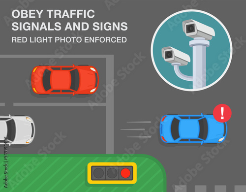 Safe driving tips and traffic regulation rules. Obey traffic signals and signs. Red light photo enforced. Close-up view. Flat vector illustration template.