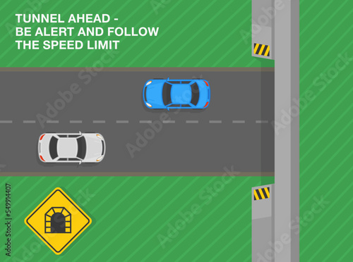 Safe driving tips and traffic regulation rules. Tunnel ahead, be alert and follow the speed limit. Road sign meaning. Top view. Flat vector illustration template.