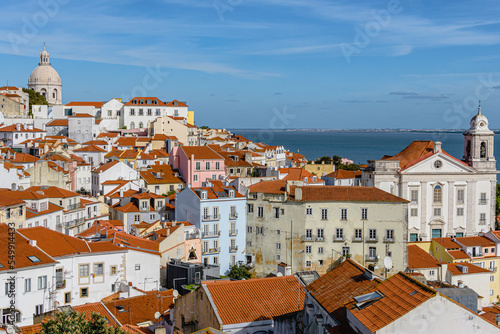 Panoramic aerial view with orange roofs of Lisbon, Portugal
