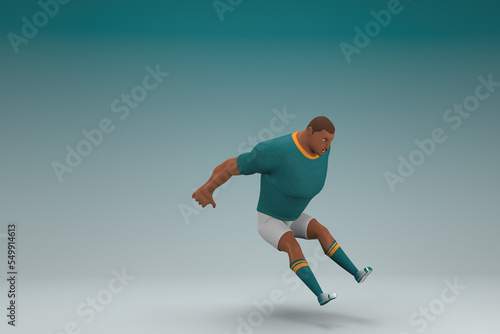 An athlete wearing a green shirt and white pants is jumping. 3d rendering of cartoon character in acting.