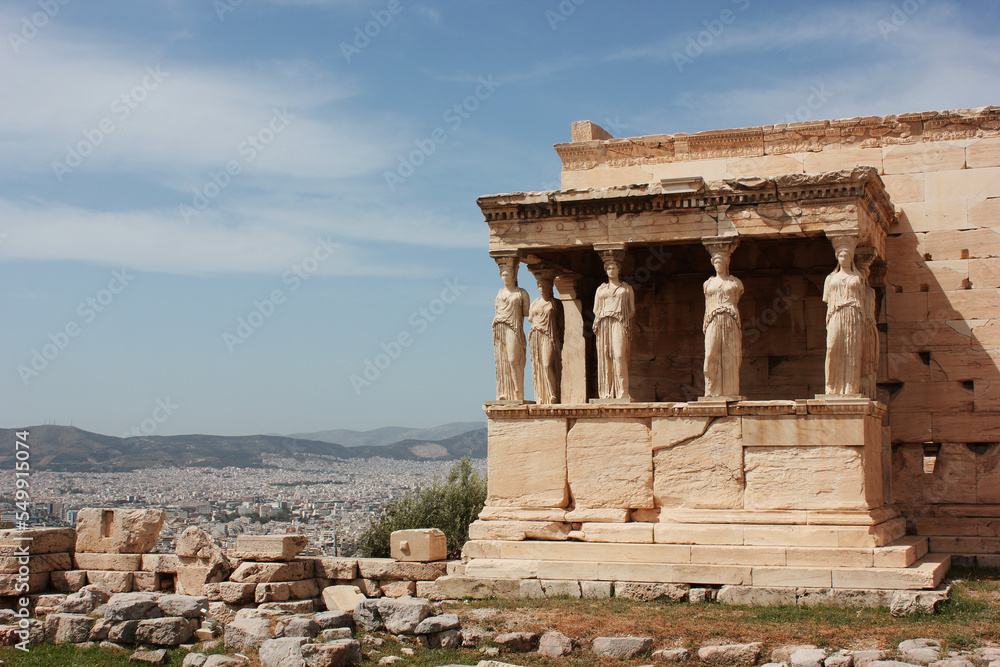 Erechtheion or Erechtheum temple, Caryatid Porch on the Acropolis in Athens, Greece