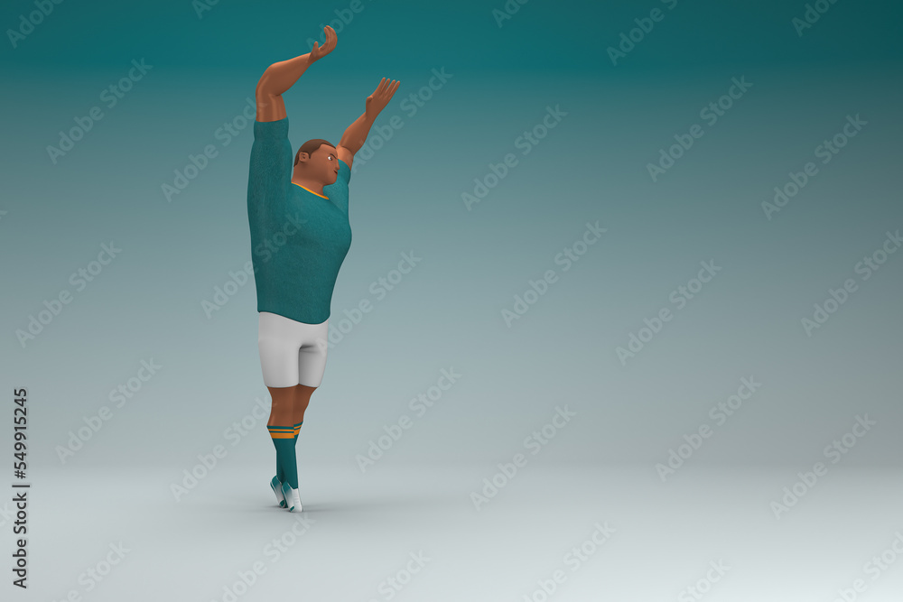 An athlete wearing a green shirt and white pants. He is doing exercise. 3d rendering of cartoon character in acting. An athlete wearing a green shirt and white pants. He is doing exercise. 3d rendering of cartoon character in acting.