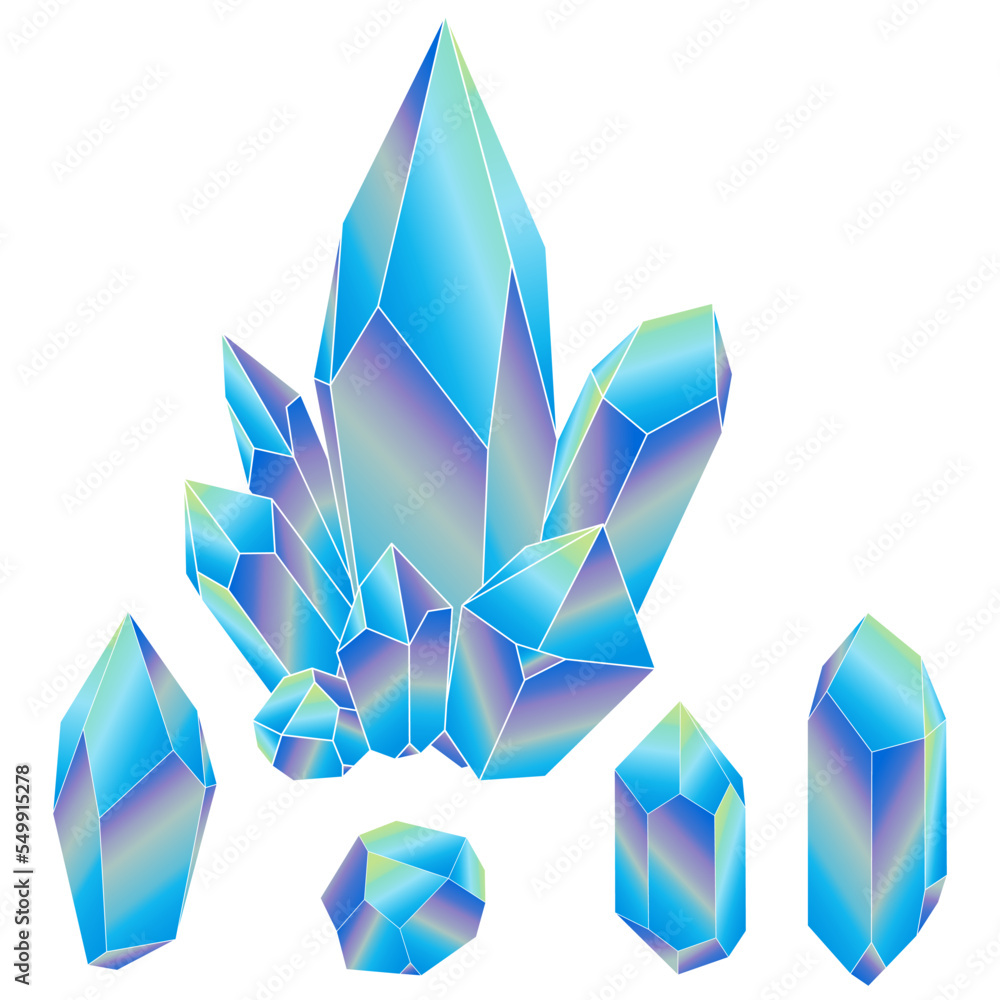 Iridescent Quartz Rainbow Blue Fire Aqua Aura crystal. Cartoon crystal
