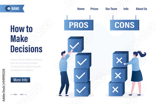 How to make decisions, landing page template. Pros and cons, business people reflects on advantages and disadvantages of new project. Smart entrepreneurs puts cubes with checkmark and cross.