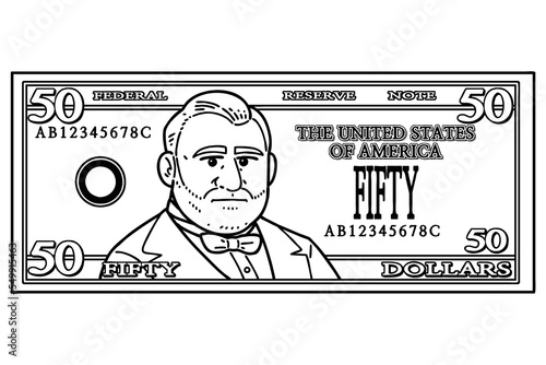 US 50 Dollar bill. Vector line art illustration.