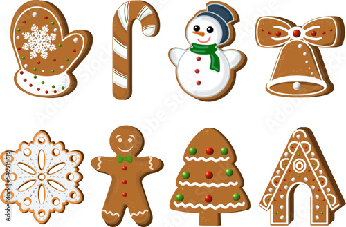 Set of Christmas gingerbread. Clipart JPEG  illustration for stickers, creating patterns, wallpaper, 
wrapping paper, for  postcards, design template, fabric, clothing, cross-stitch, embroidery.