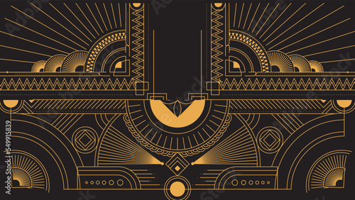 Art deco background with golden line on black background. Art deco vintage linear thin line geometric shape retro design frame badge. Art deco line border for wedding, template, greeting card, poster