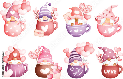 Watercolor illustration set of Valentine Gnomes in cup