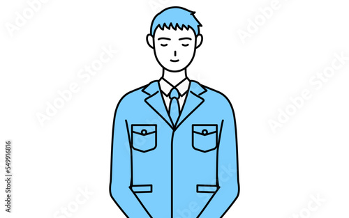 手を体の正面で組む作業着を着た男性のシンプルな線画