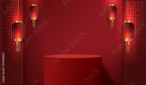 Podium stage chinese style for chinese new year and festivals or mid autumn festival with red background. mock up stage with festive lanterns and clouds. vector design.