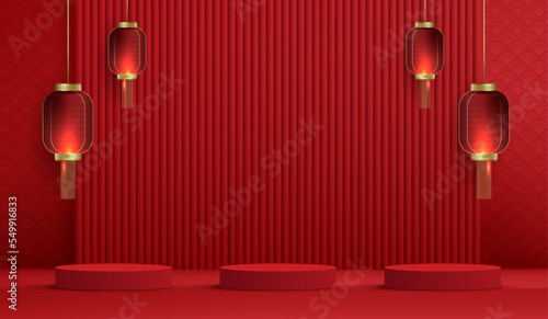 Podium stage chinese style for chinese new year and festivals or mid autumn festival with red background. mock up stage with festive lanterns and clouds. vector design.