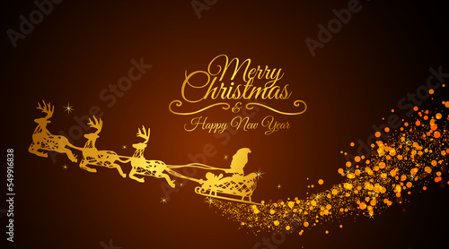 Merry christmas and happ new year with golden santa claus and golden reindeer on his sleigh and golden bokeh and concept christmas background.Vector illustration.