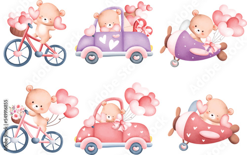 Watercolor illustration set of Valentine teddy bear and vehicle