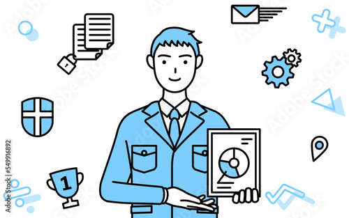 DX化のイメージ、デジタル技術を利用して業務改善を行う作業着を着た男性のシンプルな線画