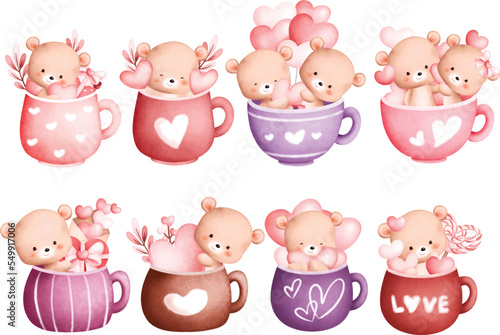 Watercolor illustration set of Valentine teddy bear in cup