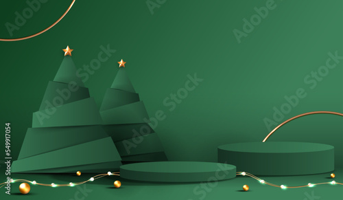 Podium shape for show cosmetic product display for Christmas day or New Years. Stand product showcase on red background with tree christmas. vector design.
