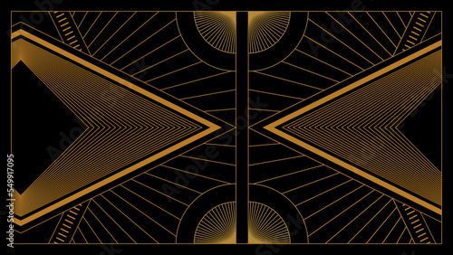 Art deco background with golden line on black background. Art deco vintage linear thin line geometric shape retro design frame badge. Art deco line border for wedding  template  greeting card  poster