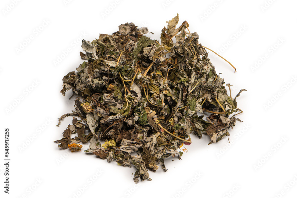 Dry tea leaves and dry fruit isolated on white background. Dry tea leaves and dry fruit isolated on white background.