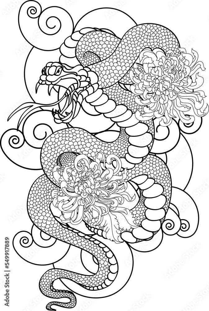 Japanese snake with cherry blossom and hibiscus flower tattoo.colorful Snakes and flowers. Tattoo design. Hand drawn snake vector illustration. Stock Vector