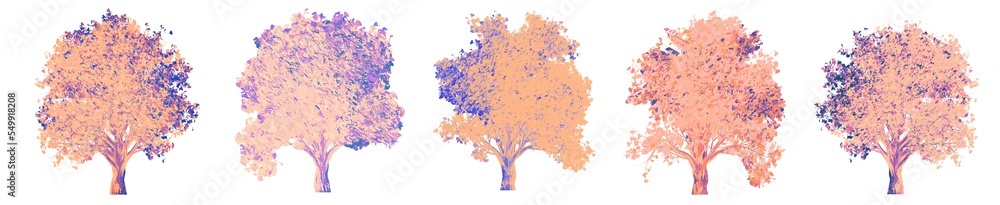 Set of multicolored festive ginkgo trees in lilac and pastel colors. png format.