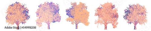 Set of multicolored festive ginkgo trees in lilac and pastel colors. png format.