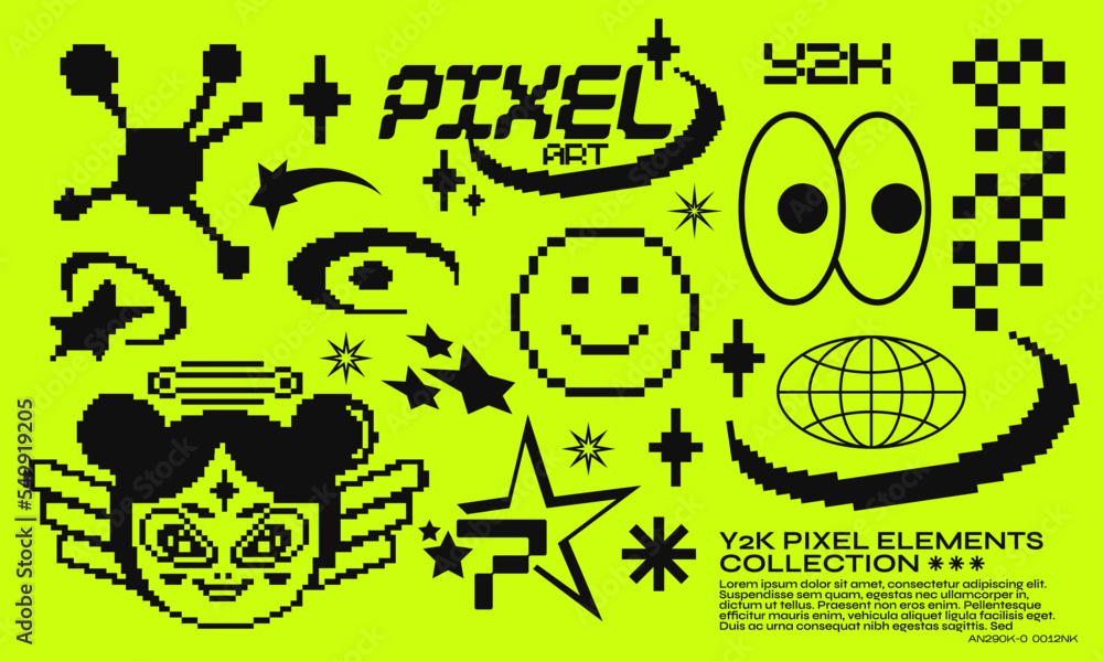 pixel art, y2k trendy elements. Acid set of abstract geometric design