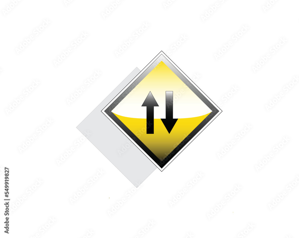 This yellow vector with two arrows in opposite directions serves to warn road users to be careful of potential hazards when crossing two-way traffic lanes without separators. This yellow vector with two arrows in opposite directions serves to warn road users to be careful of potential hazards when crossing two-way traffic lanes without separators.