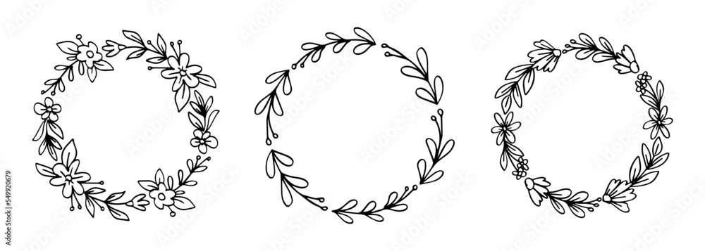 Set of flower wreath in round shape for ornament and copy space. Collection of floral hand drawn illustration design