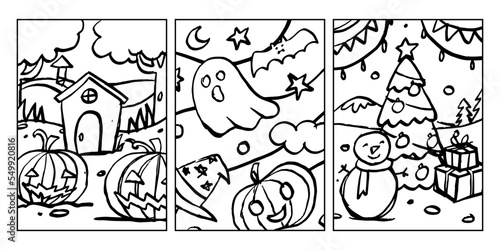 Set of Holiday coloring page illustration for kids. Collection of Halloween and Christmas line art hand drawn design for coloring book.