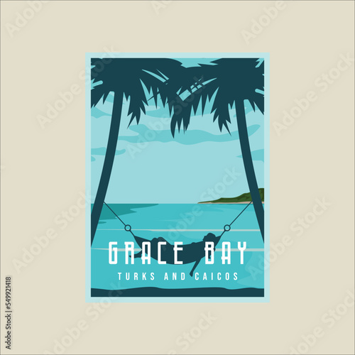 grace bay beach vector poster illustration template graphic design. turks and caicos island banner and sign with girl in hammock for business travel or vacation concept photo