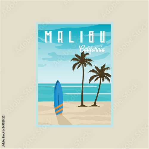 malibu california beach vector poster illustration template graphic design. surf travel banner and sign for business or vacation concept