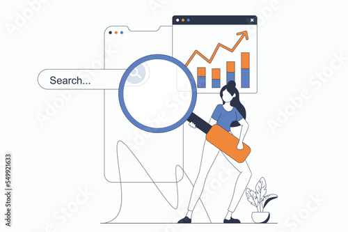 Seo optimization concept with people scene in flat outline design. Woman with magnifier research website traffic data and optimizes metrics. Vector illustration with line character situation for web