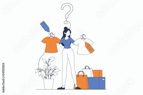 Shopping concept with people scene in flat outline design. Woman chooses clothes at bargain prices and buys goods at seasonal sale in shop. Vector illustration with line character situation for web