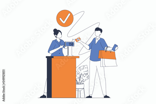 Shopping concept with people scene in flat outline design. Man makes purchases with bargain prices and pays for goods at checkout in shop. Vector illustration with line character situation for web © alexdndz