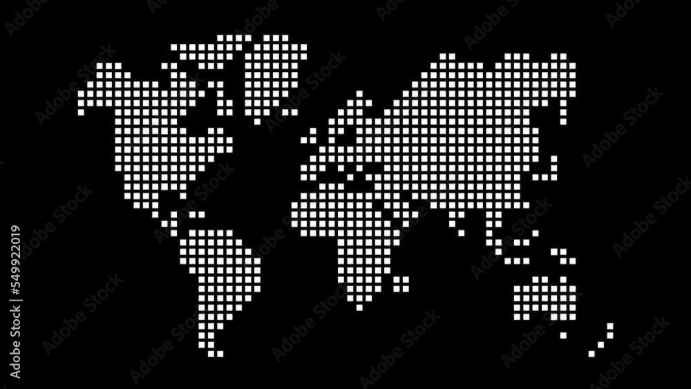 Simplified world map (drawn with square dots.)  4K pop up animation