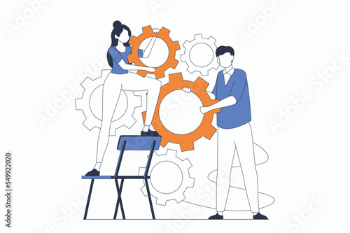 Teamwork concept with people scene in flat outline design. Woman and man holding gears and set up workflow, partnership and cooperation. Vector illustration with line character situation for web