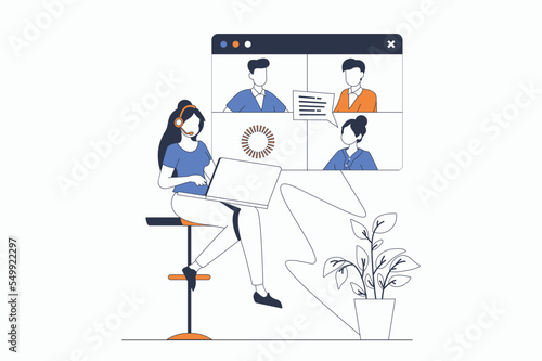 Video conference concept with people scene in flat outline design. Woman and man colleagues communicate online using video call at laptop. Vector illustration with line character situation for web
