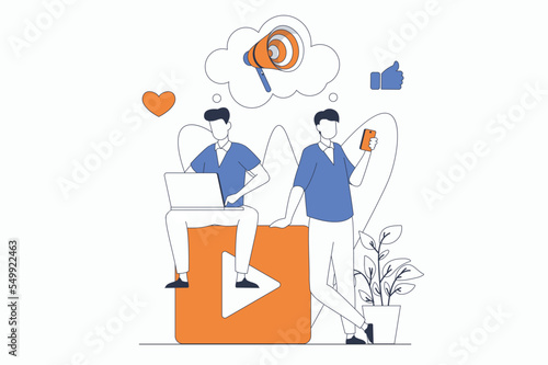 Video marketing concept with people scene in flat outline design. Man makes ad campaign using social networks and content to attract clients. Vector illustration with line character situation for web